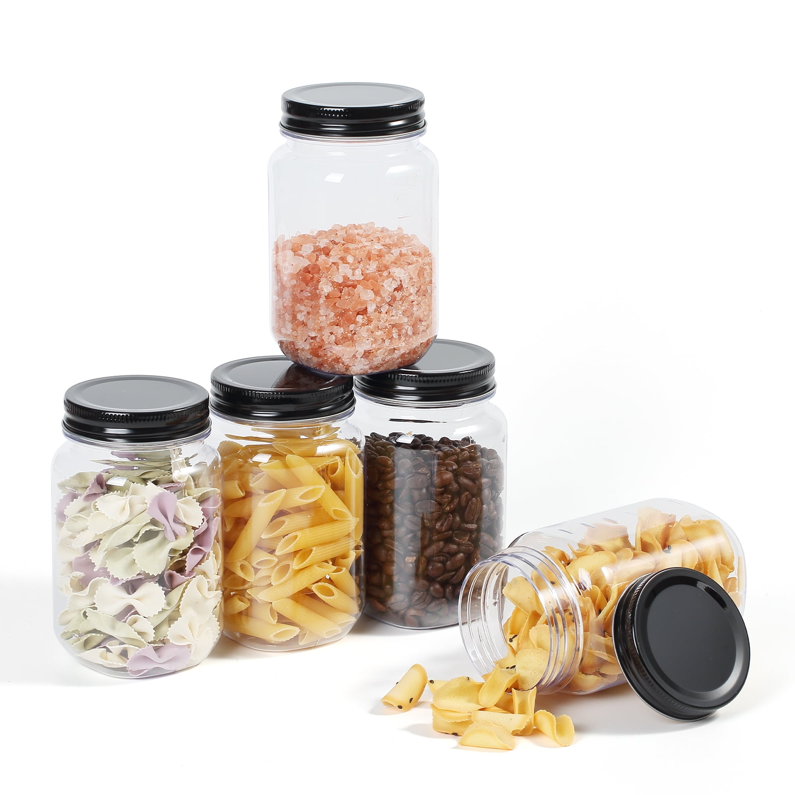 Novelinks 16 Ounce Clear Plastic Jars with Black Lids - Refillable Round Clear &