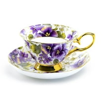 Stechcol Gracie Bone China Purple Pansy Gold Bone China Tea Cup and Saucer 7oz