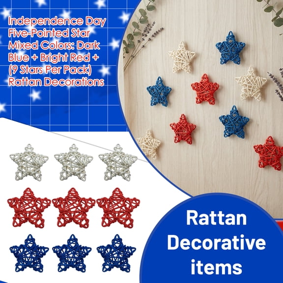 9pcs 4th of July Patriotic Star 3.54" Rattan Decoration Red Blue White Stars for 4th of July Independence Day Home Decor DIY Craft Vase Bowl Filler Table Decoration