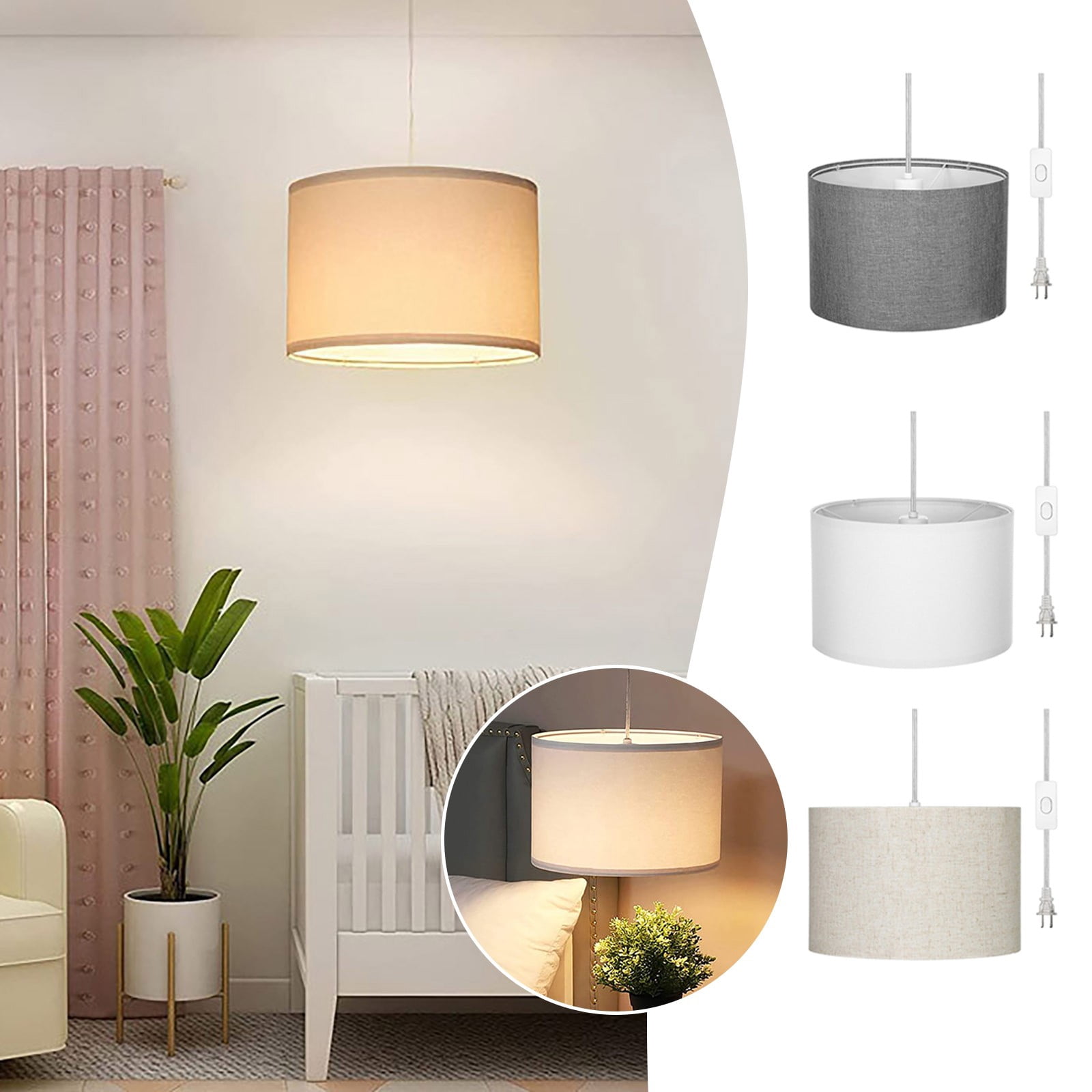 Plug In Hanging Lamp with 15Ft Cord On/Off Pendant Lighting Modern Fabric Shade Table Lamps for Living Room Bedroom Bedside Kitchen Dining Table 9.5*7.2inch
