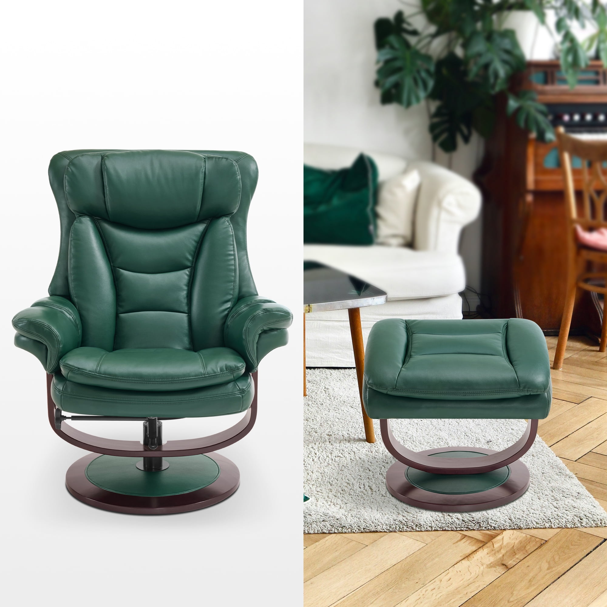 MCombo Swivel Recliner with Ottoman, Reclining Chair with Adjustable Back, Faux Leather Upholstered Lounge Chair for Living Room Bedroom Office 4651（Green）