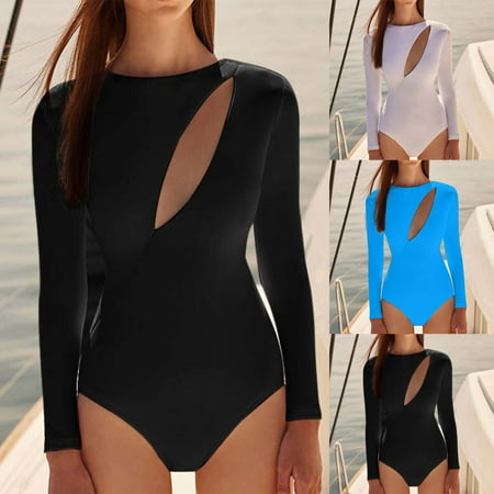 Jacenvly One Piece Swimsuits for Women Trendy Long Sleeve Diving Suit Solid Crewneck Surfing Swimwear Quick Drying Women S Chest Cushion No Steel Outer Single Wearing White