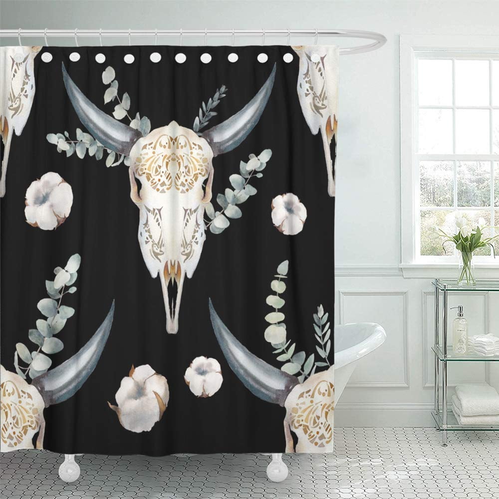 Bull skull with roses Shower Curtain Bedroom Decor Fabric & 12hooks 71*71inch 