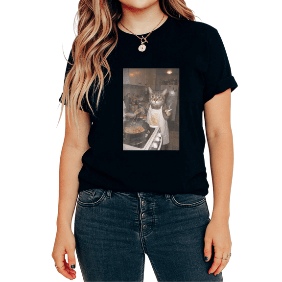 Cooking Cat Meme Graphic Relaxed Fit Tees T-shirt Chef Cat With Cigarette Realistic Tops Round Neck Black S-5XL