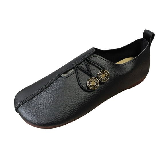 Xiaoxatg Women's Casual Shoes Ladies Fashion Solid Color Leather Buckle Comfortable Flat Bottomed Casual Shoes for Everyday Wear 7.5 Black
