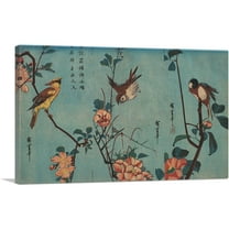 ARTCANVAS Sparrow and Wild Roses and Cherry Blossoms 1833 Canvas Art Print by Utagawa Hiroshige - Size: 12" x 8" (0.75" Deep)