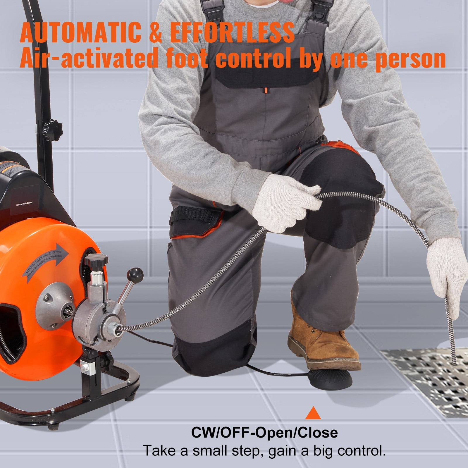 BENTISM Drain Cleaner Machine 100 FT x 1/2 " , Sewer Auger Auto Feed with 4 Cutter & Air-activated Foot Switch for 1" to 4" Pipes, Orange, Black