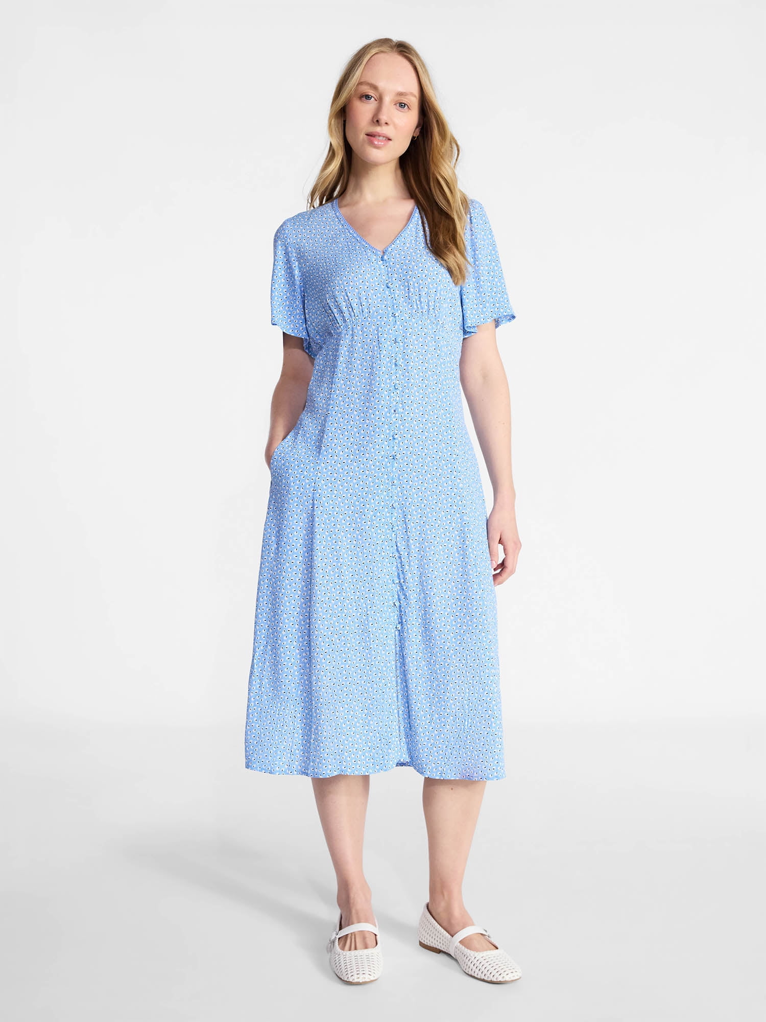 Time and Tru Women's Empire Waist Midi Dress with Short Sleeves, Sizes XS-XXXL