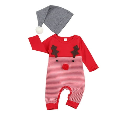 

Binmer Newborn Infant Baby Boys Girls Long Sleeve Christmas Romper Jumpsuit+Hat Set