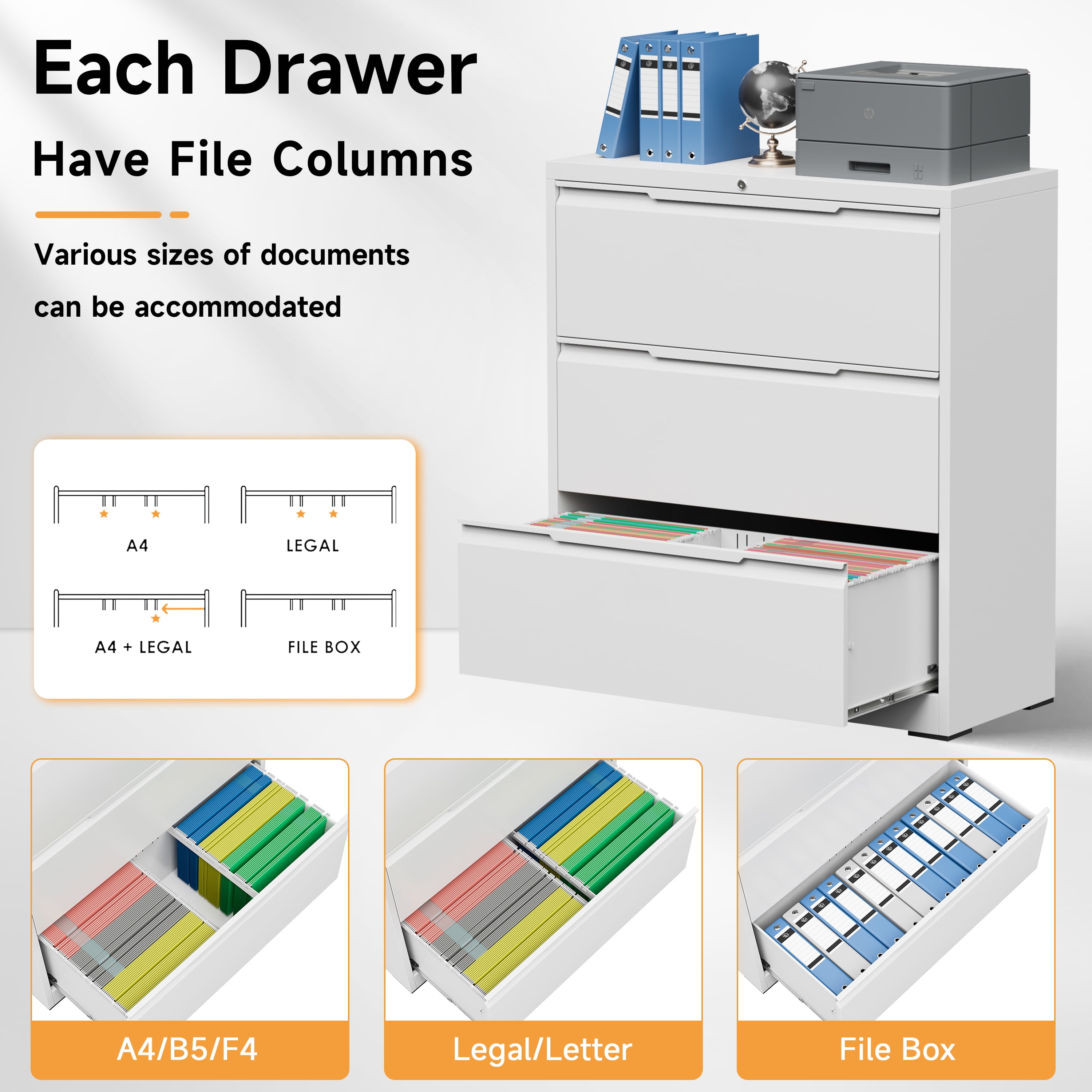Lateral File Cabinet with Lock, 3 Drawer Lateral Filing Cabinet for Office Home, Locking Metal Steel Wide File Cabinet for Hanging Files Letter/Legal/F4/A4 Size, Easy Assemble White