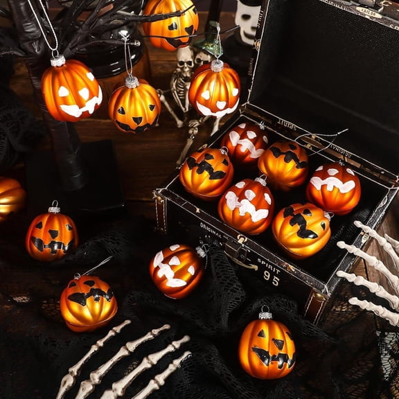 Halloween Pumpkin Ball Ornaments, 12-Piece Matte Plastic Two-Tone Smiling Face Decoration Set for Tree, Wreath, Garland, Bowl Filler, Mantel, Party Table, Thanksgiving & Home Decor