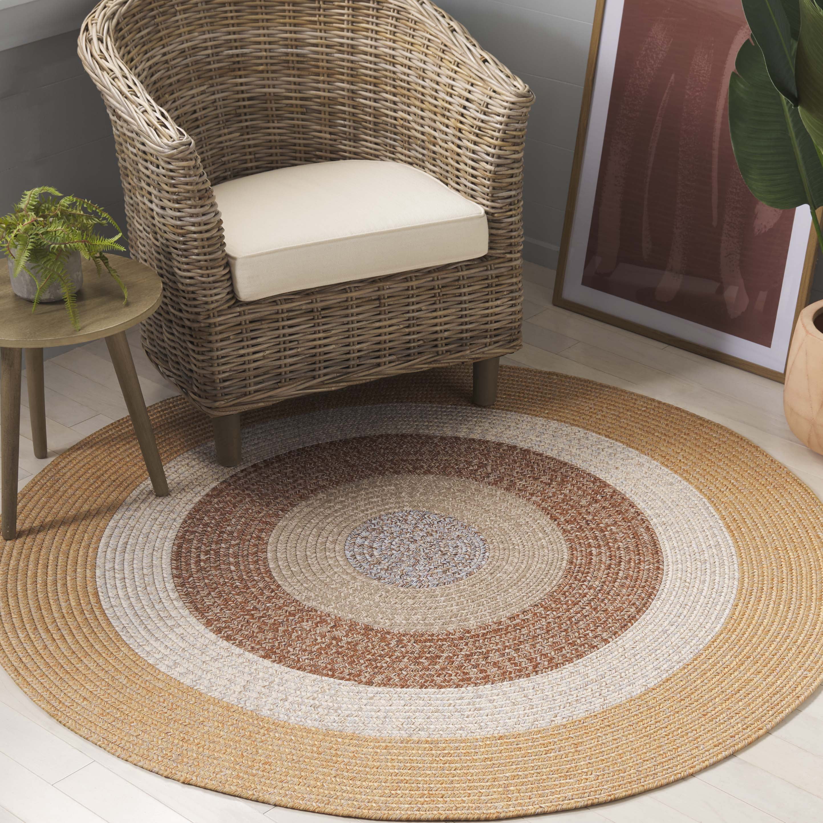 SAFAVIEH Braided Kent Geometric Machine Washable Reversible Area Rug, Brown/Light Brown, 3' x 3' Round
