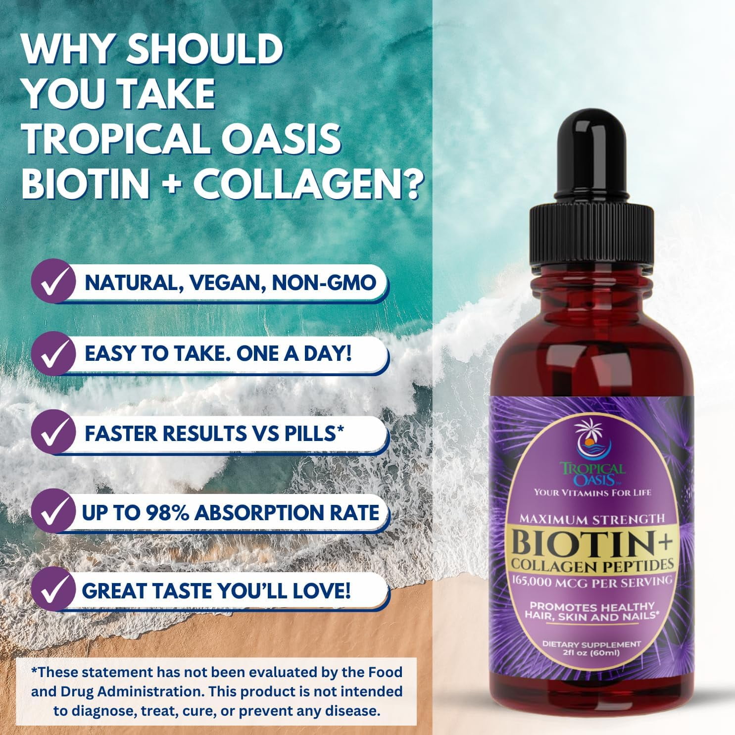 Tropical Oasis Maximum Strength Biotin plus Collagen Peptide Drops, Vitamin Supplement for Hair, Skin, Nails, Tropical Sour Raspberry, 2 fl oz, 60 Servings