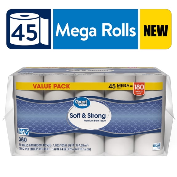 Great Value Soft & Strong Premium Toilet Paper, 45 Mega Rolls, 380 Sheets per Roll