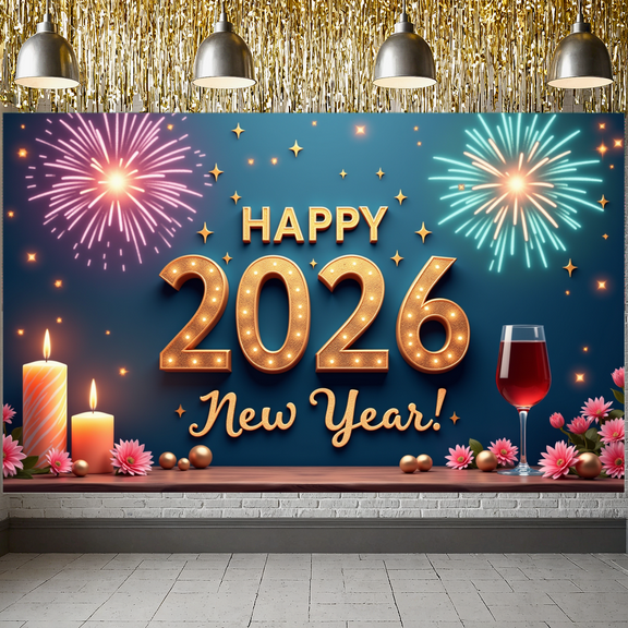 Fireworks Happy New Year Banner Decorative Design Celebration Banner for Holiday Party Indoor Decoration Photo Shoot