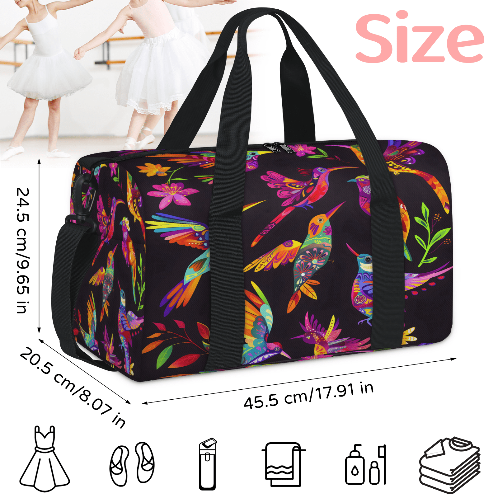 Herdesigns Colorful Hummingbird Gym Bag for Women, Duffle Bag for Travel Sport, Lightweight Waterproof Carry on Weekender Overnight Dance Yoga Workout Bags
