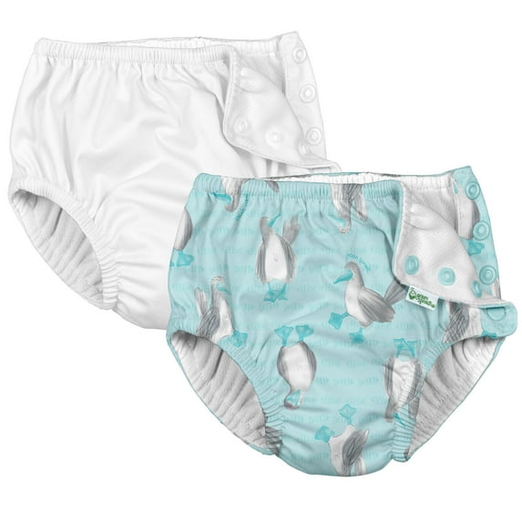 i Play (2 Pack) Boys Reusable Absorbent Baby Swim Diapers - Swimming Suit Bottom | No Other Diaper Necessary Light Aqua Blue-footed Boobies and White 12 Months