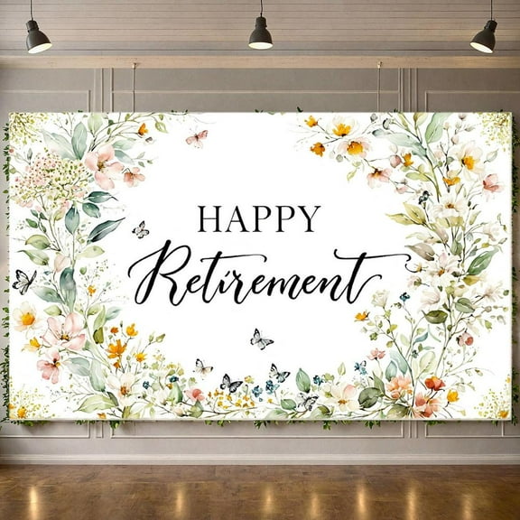 Gold Border Happy Retirement Banner Green Floral Retirement Party Banner Blue Gold Confetti Watercolor Celebration Banner for Retirement Party Indoor Event Photo Shoot