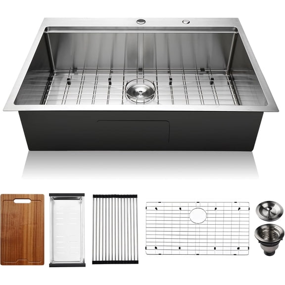 PRUSSIA 33 Inch Kitchen Sink, 33" x 22" x 10" Drop-In 304 Stainless Steel 16 Gauge Single Bowl Sink U910