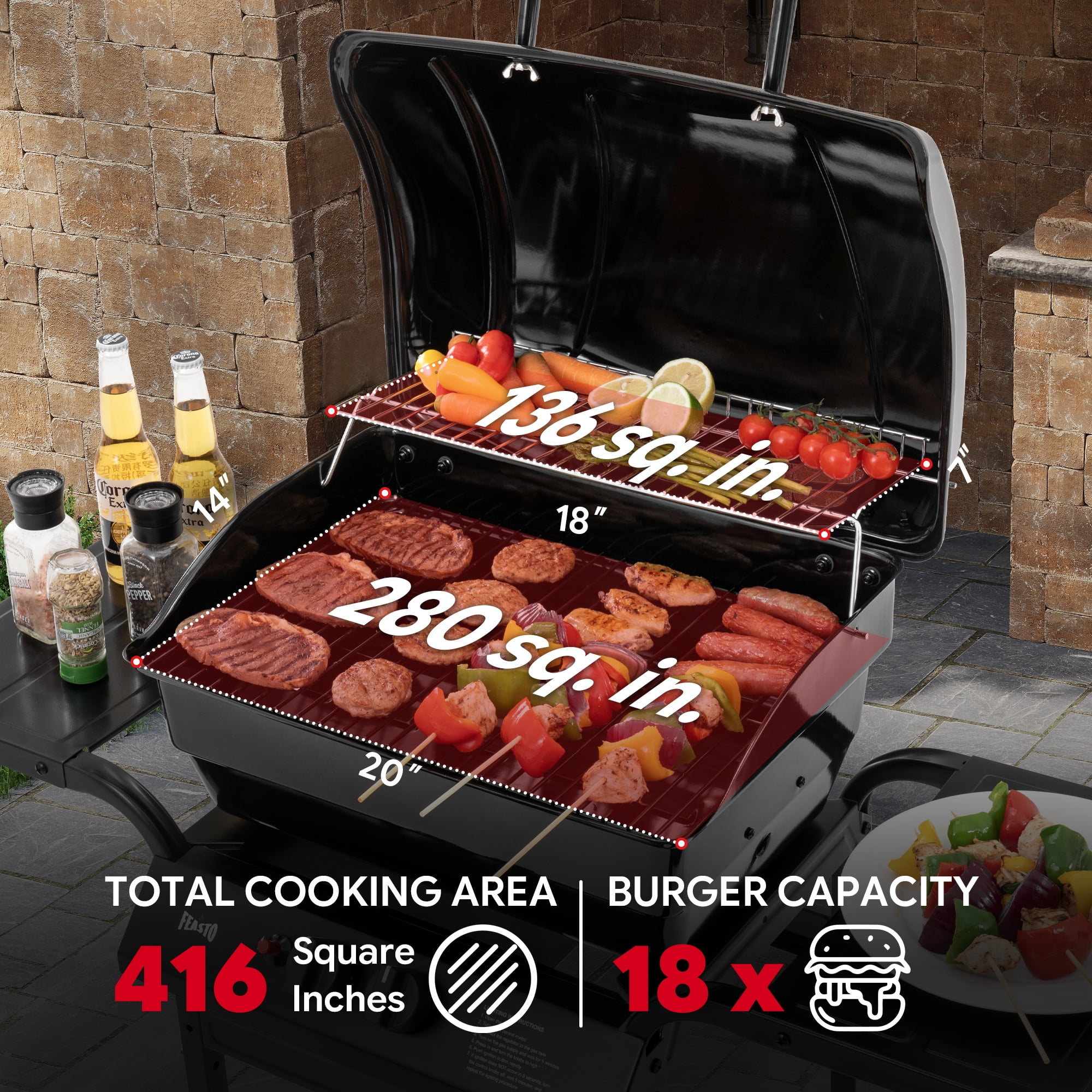 FEASTO 2-Burner Propane Grill - 26,500 BTU Compact BBQ with Side Shelves, Ideal for Balcony, Small Patio & Tailgating