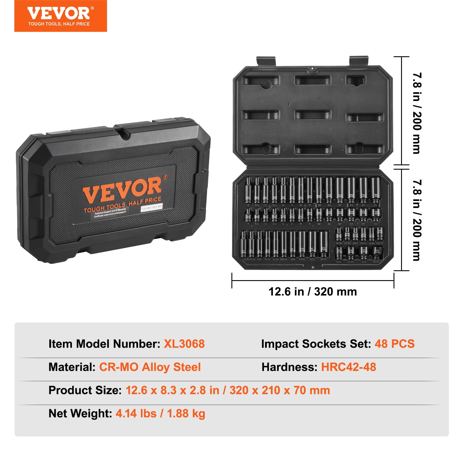 VEVOR Drive Impact Socket Set 1/4" - 14 Piece Deep Socket Set Metric 4-15mm - 6 Point Cr-Mo Alloy Steel for Auto Repair - Easy-to-Read Size Markings - Rugged Construction - Socket Organizer
