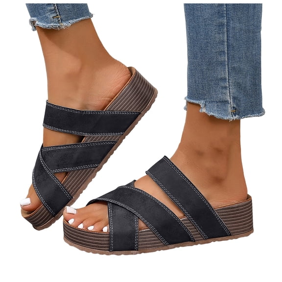 Women's Platform Sandals Lightweight Non Slip Slide Shoes Fashion Crooss Strap Open Toe Wedge Beach Sandal Black Size 8