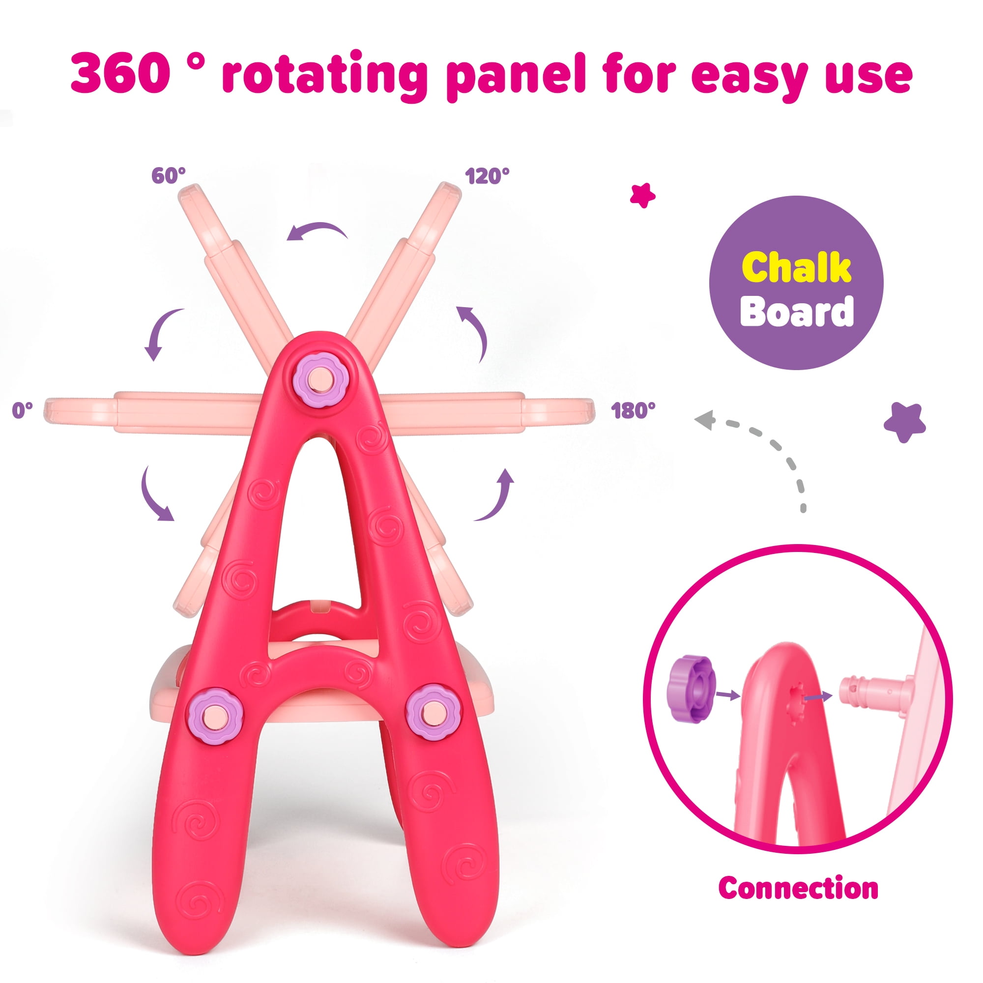 Carsky Art Easel for Kids Toddlers Girls Ages 3 4 5 6 Years, Rotatable Drawing Board Standing, Double Sides with Whiteboard & Chalkboard, Birthday Christmas Gifts(Pink).
