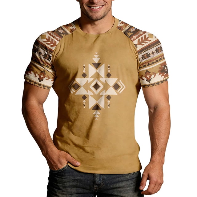 T-shirt à Manches Courtes en Denim Imprimé Western pour Hommes, Col Rond, pour Tenue Décontractée Quotidienne, Style Sud-Ouest, Coupe Décontractée et Graphique