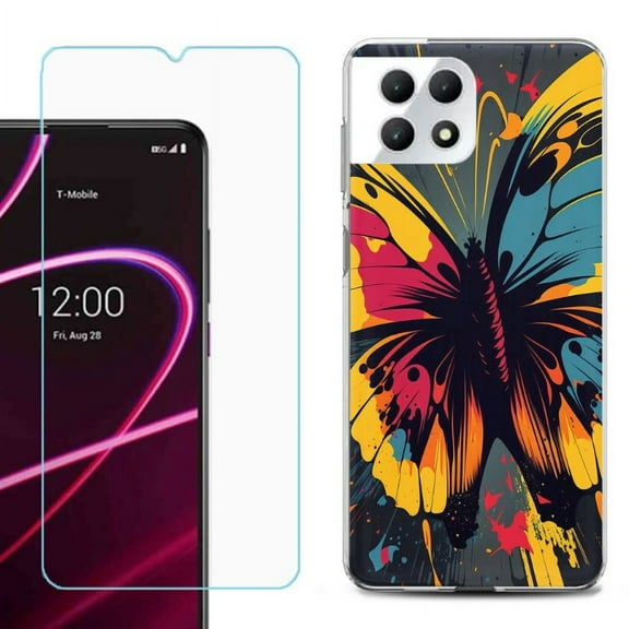 Phone Case for T-Mobile Revvl 7 5G, Shockproof Case Cover with Tempered Glass Screen Protector, by OneToughShield - Abstract Butterfly