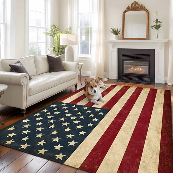6'x9' Area Rugs, American Flag Indoor Outdoor Area Rug for Living Room Bedroom, Vintage Red BlueUSA Flag Washable Bathroom Rugs Kitchen Floor Carpet Mats Home Decor Aesthetic