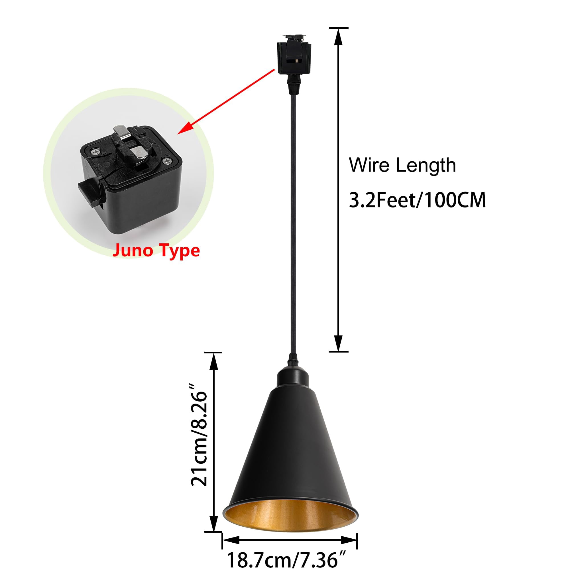 KAYYELAMP Black Metal Cone Shade Inner Gold Track Lighting H-Type 39.3 Inches Woven Black Cord Vintage Remote RGB Warm Light Track Lamp for Kitchen Dining Table Loft