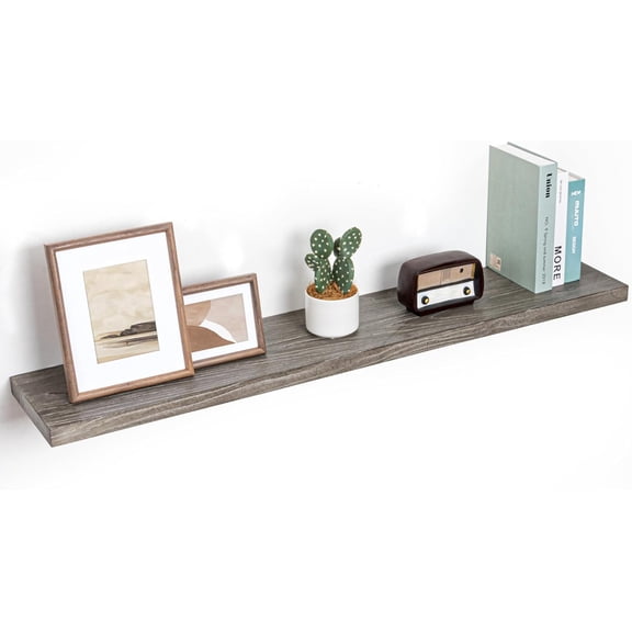 48"x9.3" Rustic Solid Elm Wood Shelves, Floating Shelves For Wall, Heavy, Duty Wall Mounted Shelves With Invisible Brackets For Living Room, Bedroom, Kitchen, Grey Finish