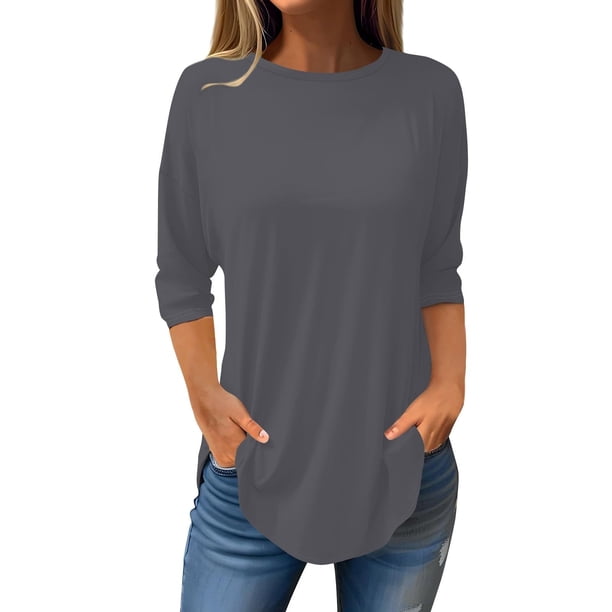 Ploknplq Tunic Tops for Women Loose Fit Dressy,Elbow Length Tee Shirts for Women,Womens Tunic Tops,Pure Round Neck Three Quarter Sleeve Top,Plaid Shirts for Women,Split Hem Top for Women Dark Gray M