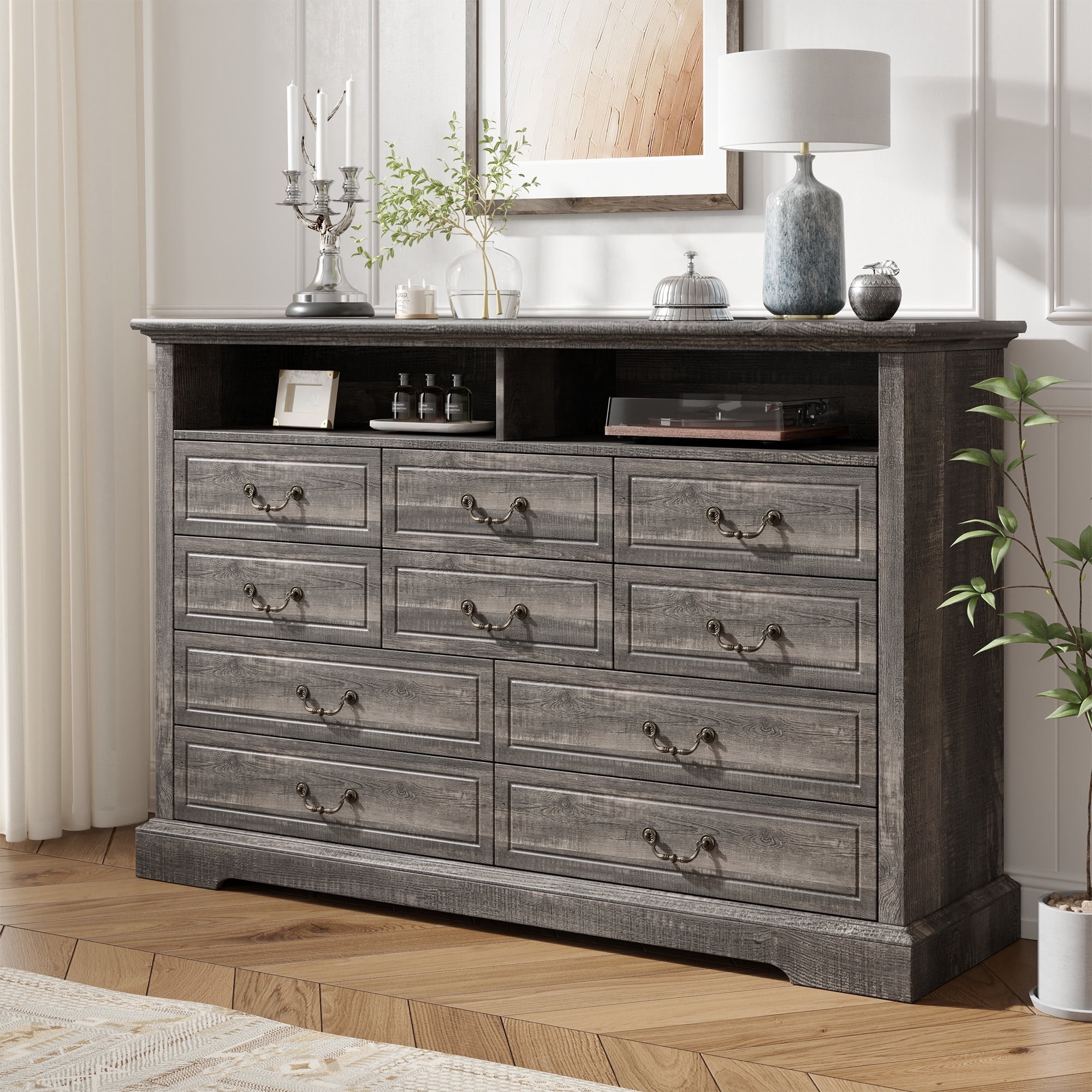 EnHomee Wood Dresser 10 Drawers Dressers for Bedroom with LED Lights and Power Outlets,Rustic Oak