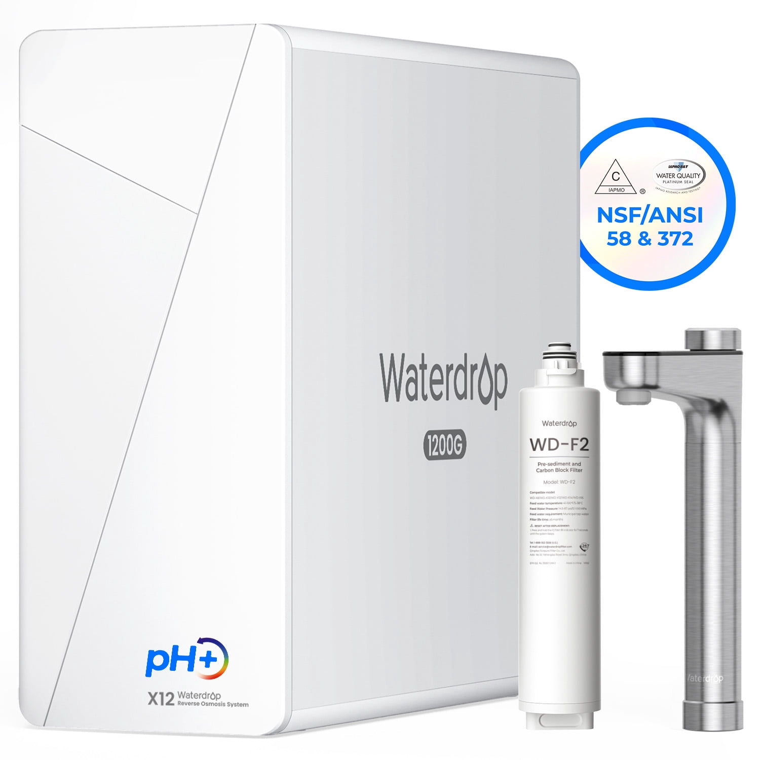 Restored Waterdrop X12-Alkaline Mineral pH+ Reverse Osmosis System, NSF/ANSI 42&58&372 Certified, 1200 GPD RO Water Filter, 11-Stage Filtration Tankless RO System, 3:1 Pure to Drain, BPA Free with F2 Filter (Refurbished)