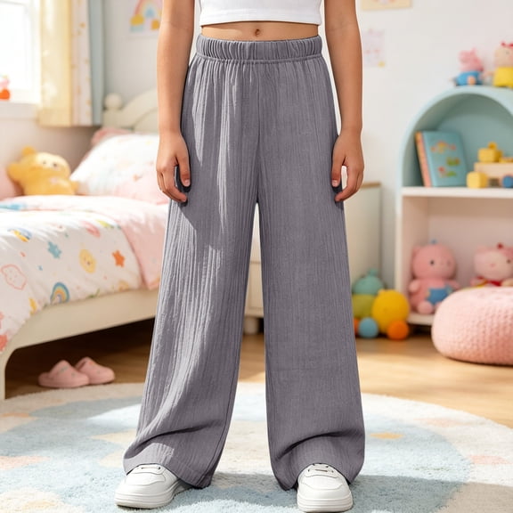 SERTGUTR Girls' Wide Leg Pants Elastic Waist Pull-On Relaxed Straight Fit Crinkle Textured Side Pocket School Summer Outdoor Everyday Wear