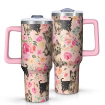 OBREWU Yorkie Dog and Flower Florals Tumbler with Handle and Lid,Yorkie Dog and Flower Florals 40oz Double Wall Vacuum Insulated Tumbler,Cups Gift for Women and Men