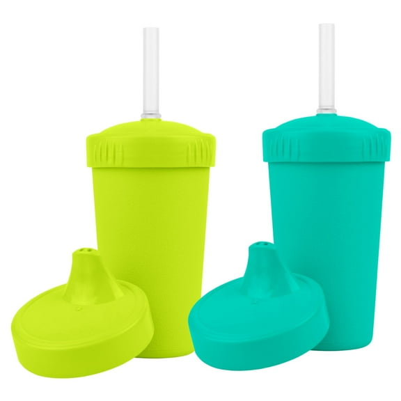Re-Play Grow With Me 10-oz Cups 2-Pack - USA Made Recycled Plastic Base, No-Spill Sippy Lid & Straw, BPA-Free - Lime, Aqua