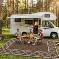 thumbnail image 3 of Reversible Waterproof Outdoor Rug, Plastic Straw Patio Carpet Geometric Design, Collapsible Non Shedding Easy Clean for Patio Deck Porch RV Camping Backyard, Peony Brown/Dark Blue/Black+White, 3 of 9