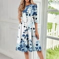 thumbnail image 2 of WTOBBY Women's Fashion Forward Round Neck Floral Print 3/4 Sleeve Dress, Contemporary Digital Design Midi Dress with Comfort Fit,Sky Blue S, 2 of 4