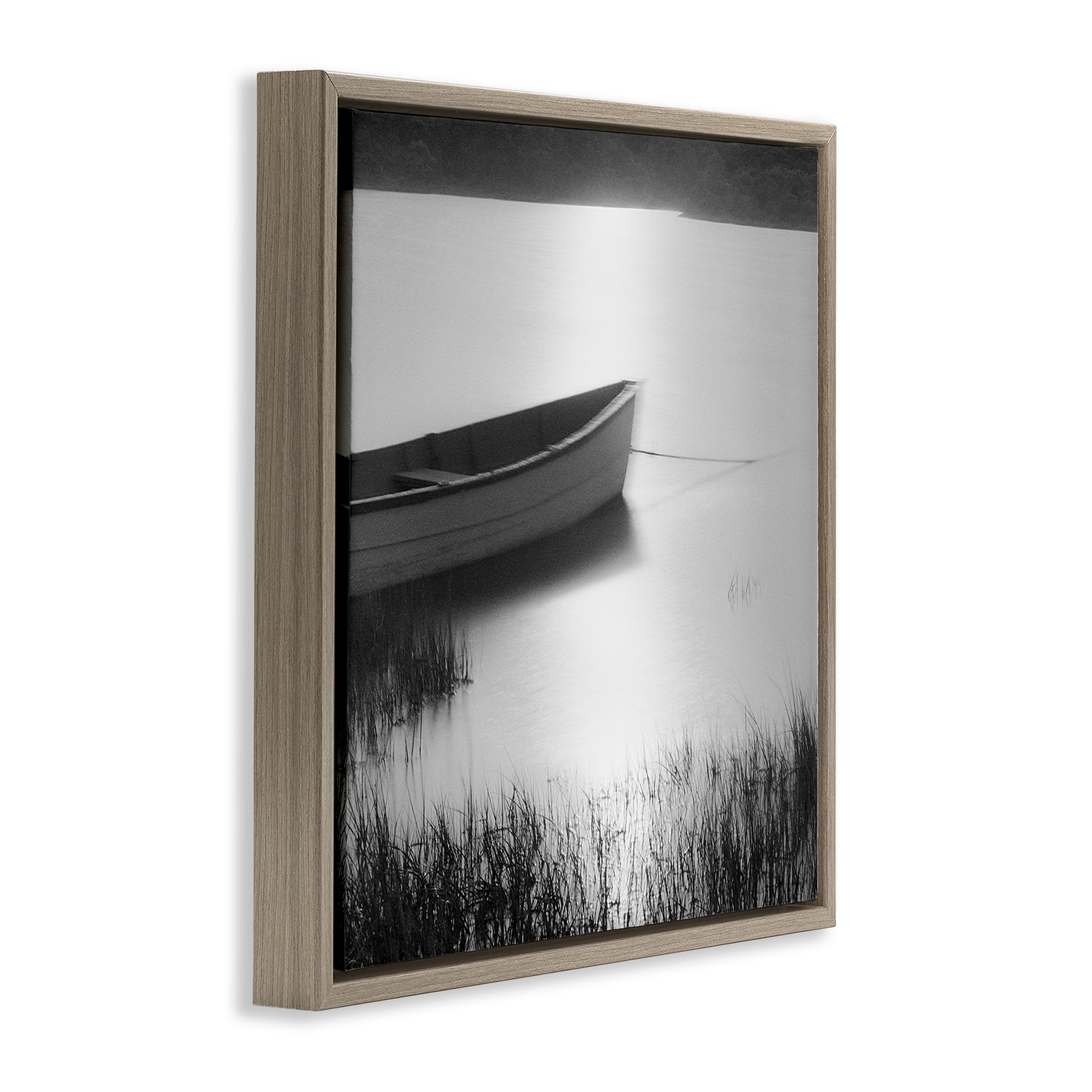 Stupell Industries Rowboat on Peaceful Shore Landscape & Nature Photography Brown Floater Framed Canvas Art Print Wall Art, 18 x 18