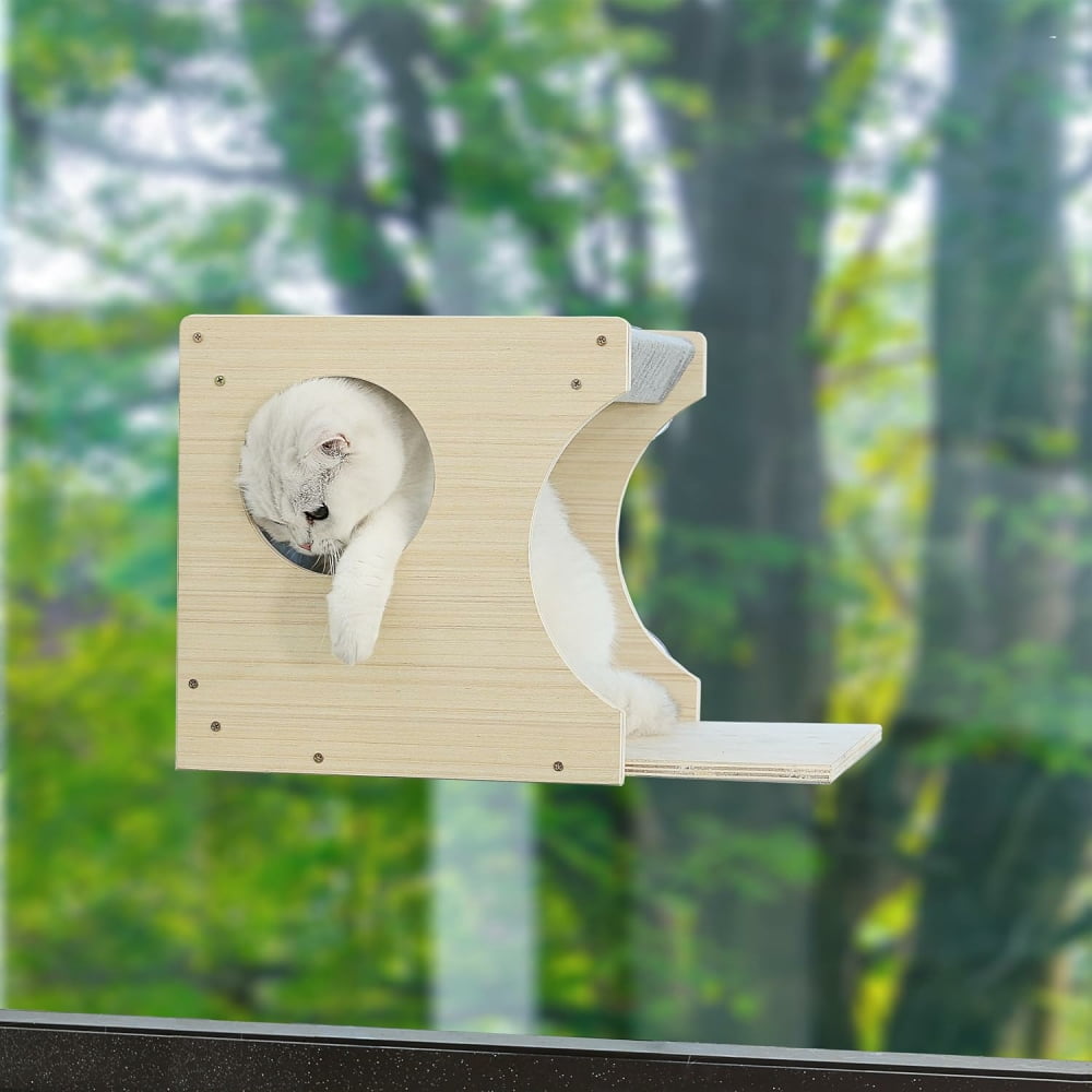 MIDOQIN Window Cat Perch, Sturdy Wood Cat Window Hammock with Heavy Duty Suction Cups, Cat Bed for Overlooking & Sleeping (Left)