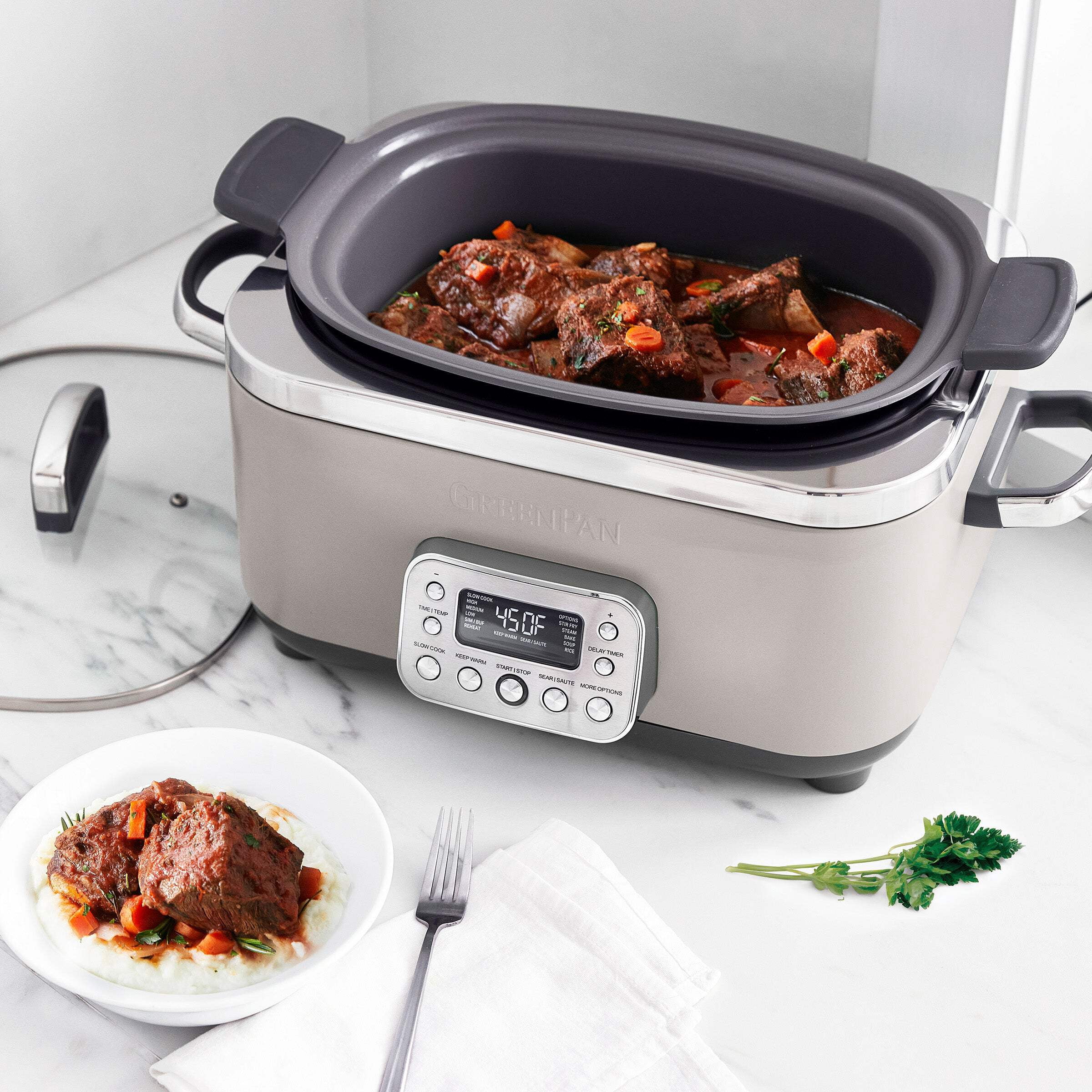 GreenPan 6-Quart, 14-in-1 Slow Cooker, Family Size, Ceramic Nonstick, Dishwasher Safe Parts, Cloud Grey