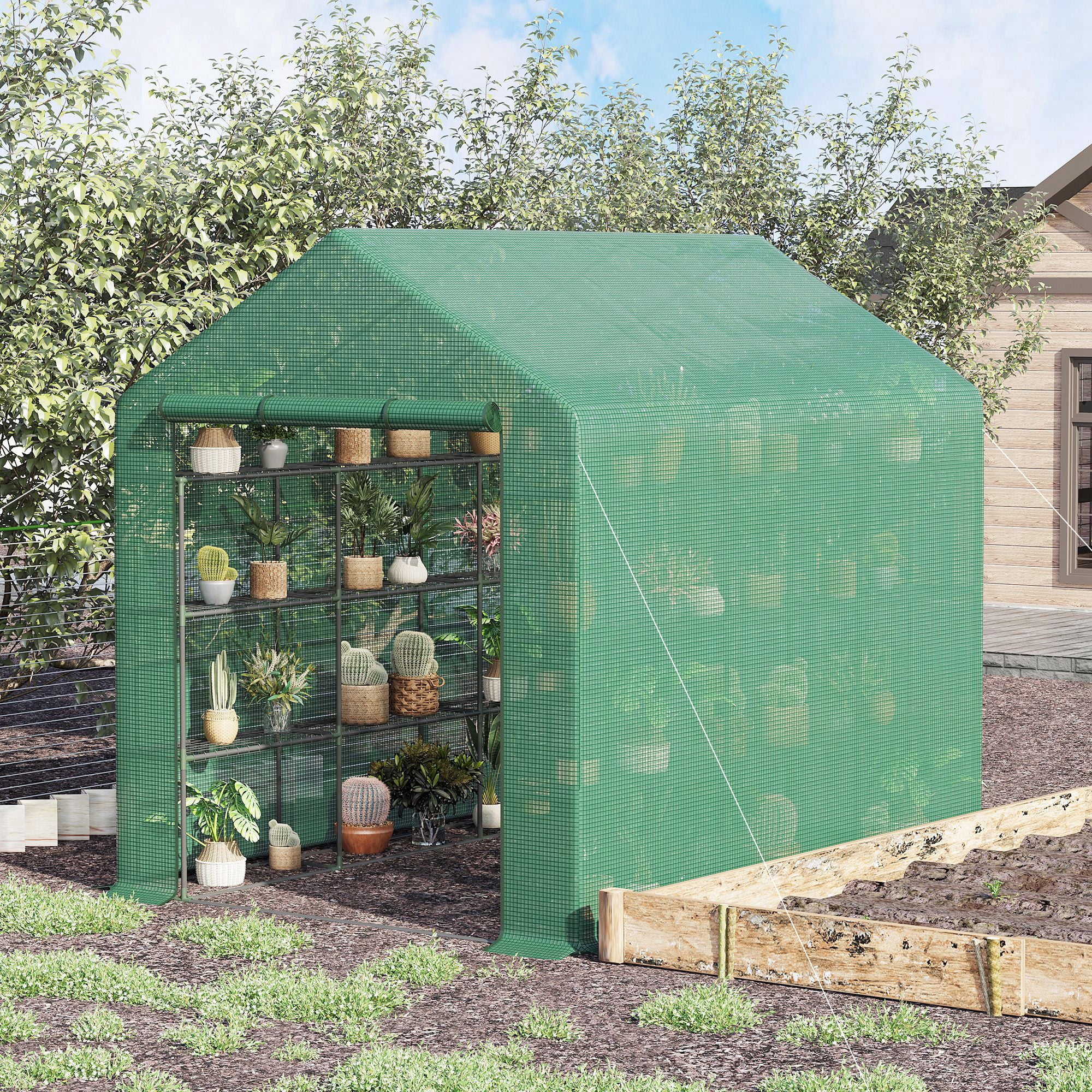 Walk-in Greenhouse for Outdoors with Roll-up Zipper Door, 18 Shelves, PE Cover, Small & Portable Build, Heavy Duty Humidity Seal, 95.25" x 70.75" x 82.75", Green