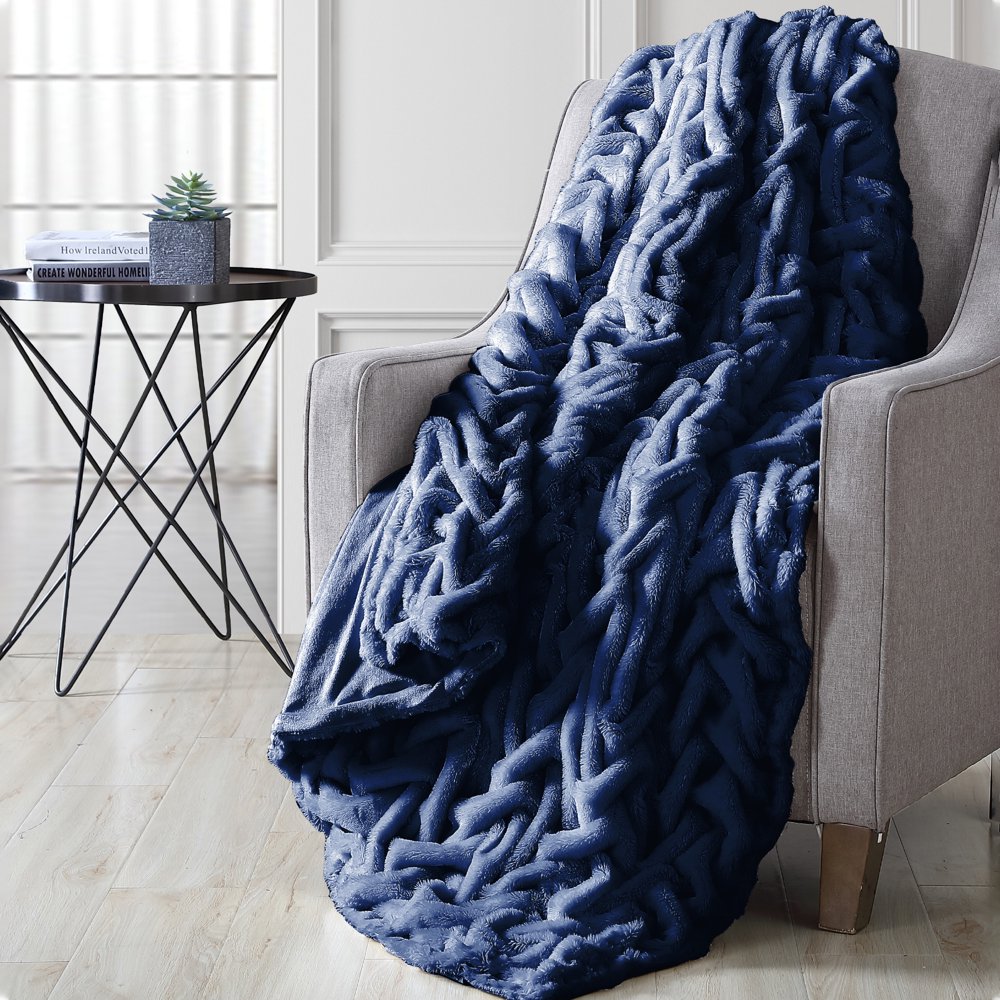 Modern Threads Luxury Solid Braided Faux Fur Throw, 50" x 60", Navy