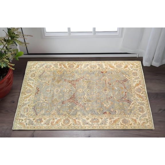 2' X 3' Gray And Beige Wool Oriental Hand Knotted Area Rug