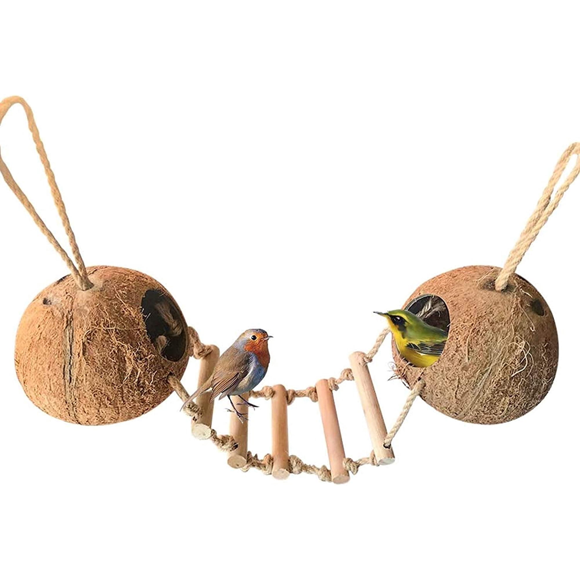 Bird Hides Coconut Nest with Wood Ladder,Syrian Hamster Cage Hanging Natural Coco Shell Hut Hide Toy with Wooden Bridge,Hollow Hideaway Toys for Small Animal Rat Lovebird Finches