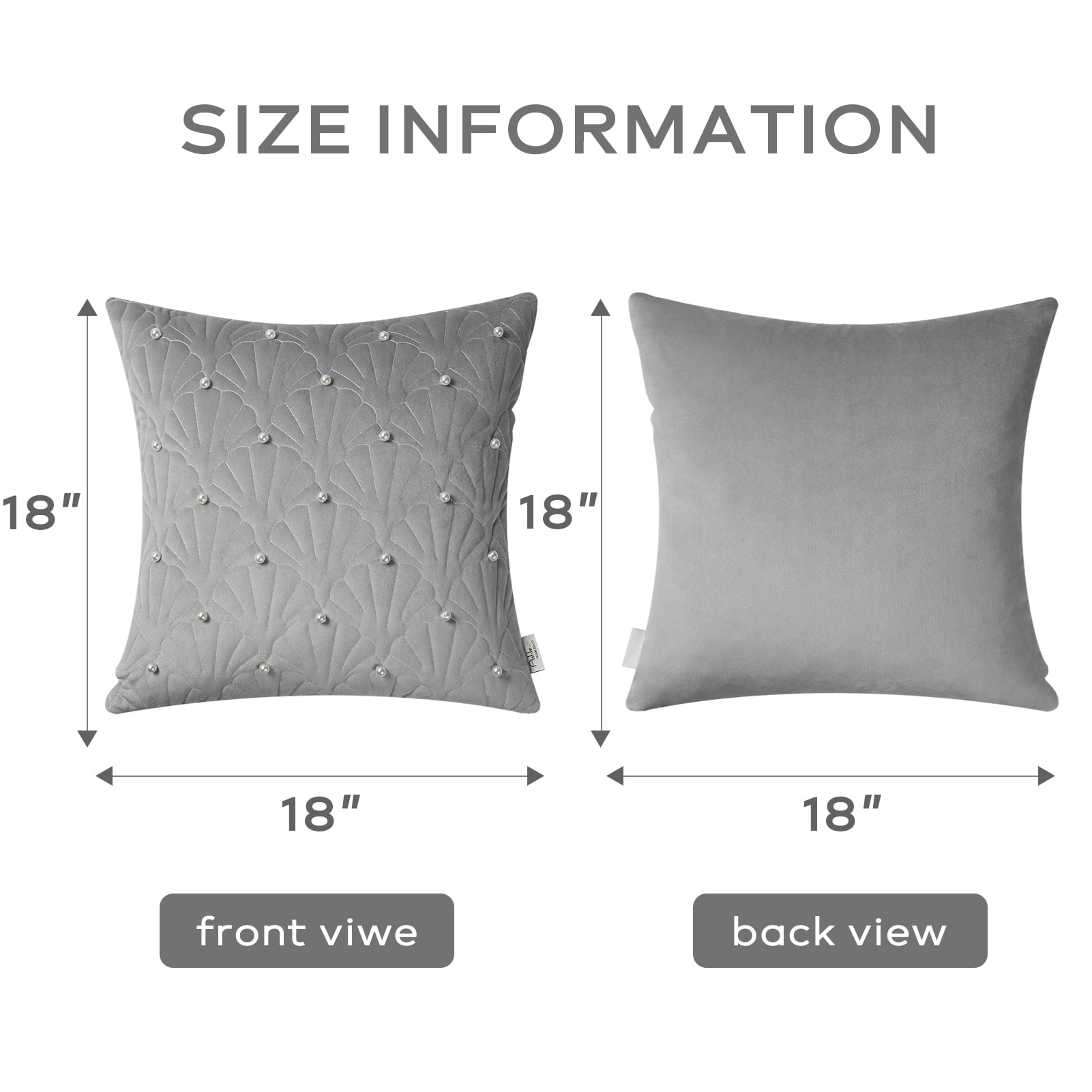 Phantoscope Velvet Decorative Throw Pillows with Inserts, Pearl Shell Quilted Design, 18 x 18 in, Dark Gray, 2 Pack