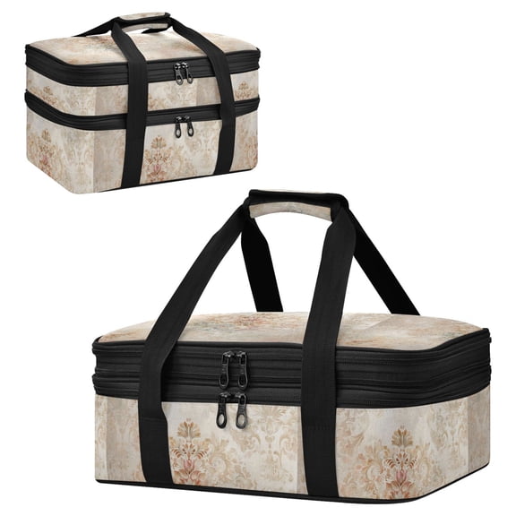 Large Double Decker Insulated Casserole Carrier Expandable 2-Layer Thermal Food Tote Bag Vintage Damask Watercolor Hot Cold Pizza Lasagna Holder for Potluck Picnic Party Camping