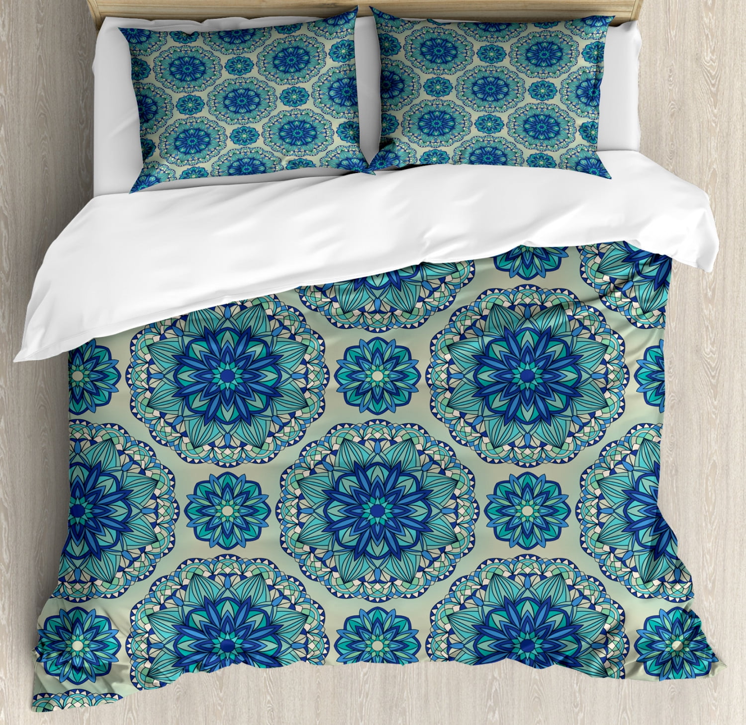 Mandala Duvet Cover Set, Oriental Geometric Floral Elements Ornamental